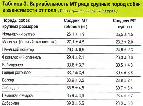 Вариабельность массы тела ряда крупных пород собак в зависимости от пола